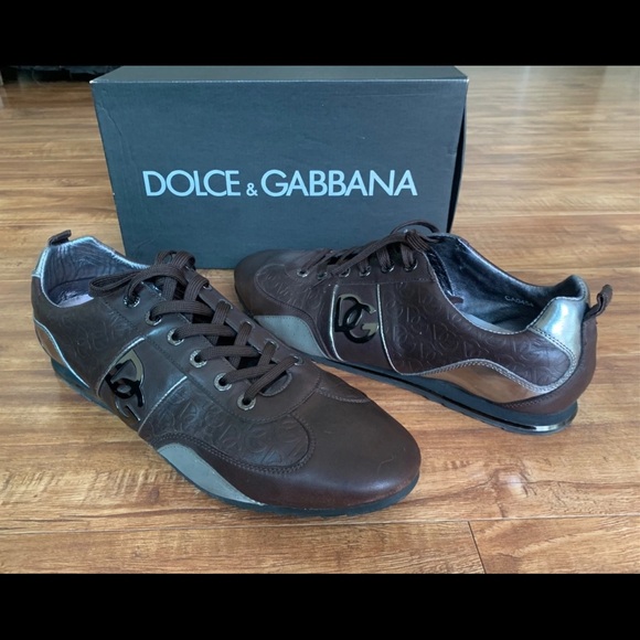 Authentic DOLCE & GABBANA Mens Sneakers Shoes Brown Silver DG Logo Sz 12EUR 46
